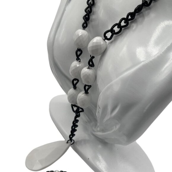 White Bead & Black Chain Necklace With Matching Bracelet Set  M02 - Picture 2 of 7